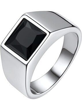 Classic Stainless Steel Men's Signet Ring with Black/Blue Gemstone - Size 7-14